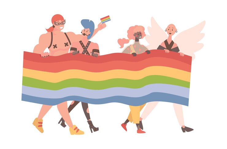 Vecteur hommes et femmes prenant part à plat de vecteur de fierté lgbt