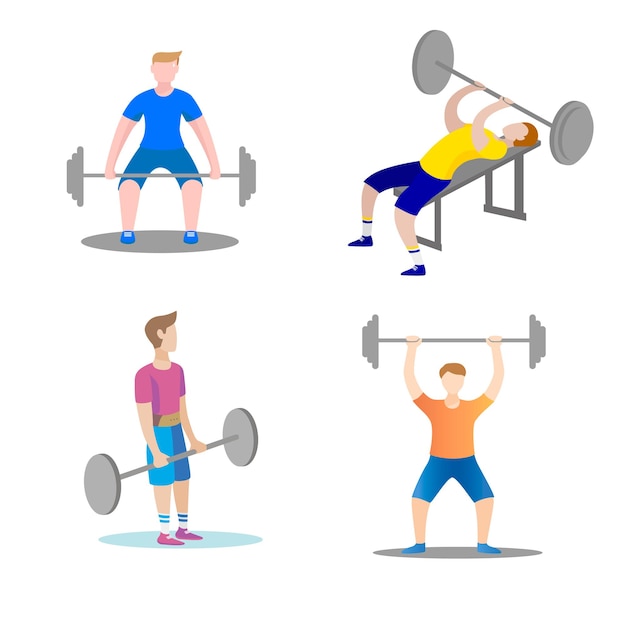 Les Hommes Font Du Fitness Dans La Salle De Gym. Conception Plate. Illustration Vectorielle. Conception De Site Web