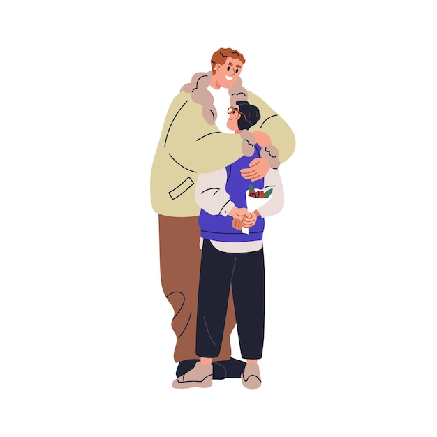 Les hommes homosexuels heureux aiment les couples qui s'embrassent Les personnes homosexuelles qui s'étreignent Les gars grands et bas avec un bouquet de fleurs