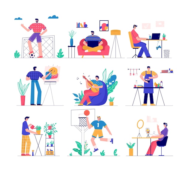 Hommes modernes jouant au football cuisine apprentissage gitar dessin geardering jeu Ensemble de personnes appréciant leurs loisirs travail loisirs Illustration vectorielle en style cartoon plat