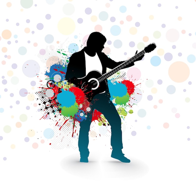 Les hommes de la musique silhouette jouent de la guitare avec fond d'éclaboussure d'encre de couleur Illustration vectorielle