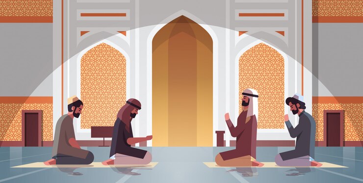 Vecteur les hommes musulmans religieux à genoux et priant à l'intérieur de la mosquée nabawi ramadan kareem mois sacré religion concept pleine longueur horizontale