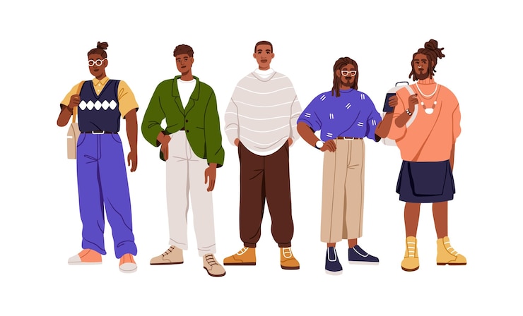 Vecteur hommes noirs, portrait de groupe. des afro-américains modernes en vêtements de mode, tenue. des gars élégants et branchés, des personnages masculins alignés, debout ensemble. illustration vectorielle plate isolée sur fond blanc