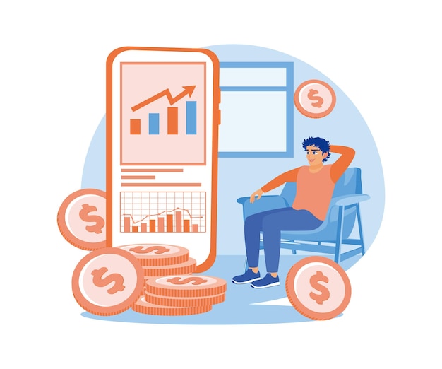 Les hommes travaillent en ligne Gagnent de l'argent à partir de mobiles Concept de revenu passif Illustration vectorielle plate