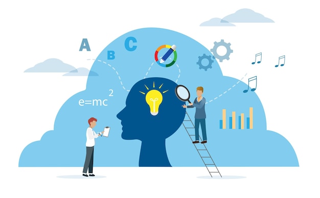 Vecteur les hommes utilisent une loupe pour vérifier le cerveau humain avec des icônes graphiques dans le dessin de la musique de langue et la formule scientifique