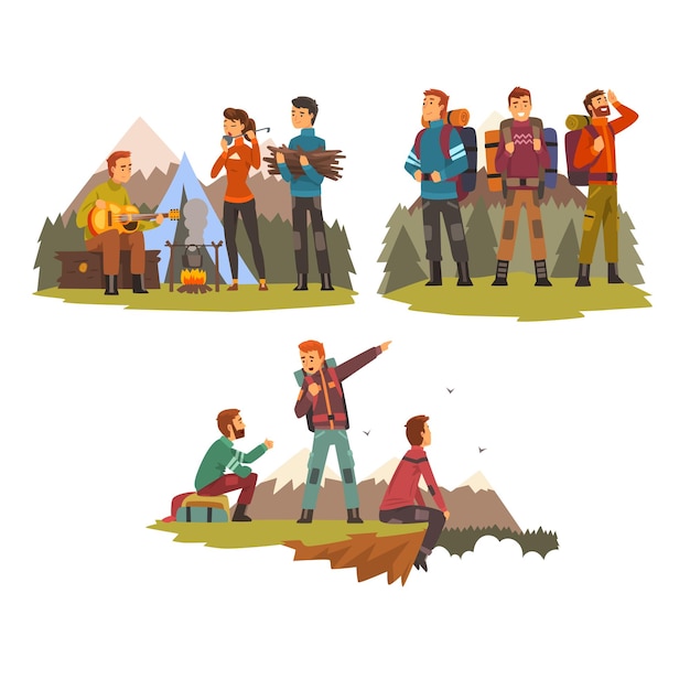 Vecteur hommes voyageant ensemble camping gens touristes randonnée en montagne sac à dos voyage ou expédition vecteur illustration isolé sur fond blanc