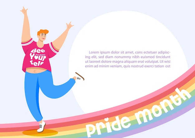 Homosexuel en personnage de dessin animé célébrant sur l'arc-en-ciel avec le libellé du mois de la fierté sur fond bleu