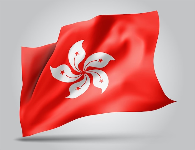 Hong Kong, drapeau vectoriel avec vagues et virages ondulant dans le vent sur fond blanc.