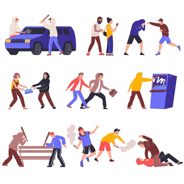 Hooliganisme ensemble d'icônes plates avec des personnages humains isolés de vandales avec vue sur diverses actions illustration vectorielle
