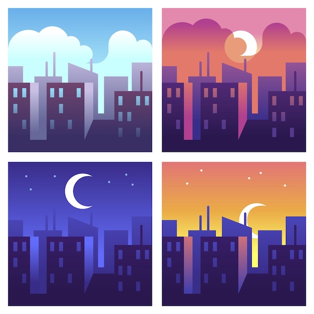 Horaires De Jour De La Ville. Matin Et Midi, Paysage Urbain Du Soir Et De La Nuit, Bâtiments Et Gratte-ciel à Des Moments Différents, Concept De Paysage Urbain Moderne, Illustrations De Dessins Animés Vectoriels Dans Un Style Plat