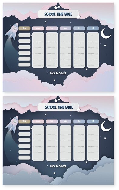 Vecteur horaires scolaires avec fond d'espace et nuages pastels