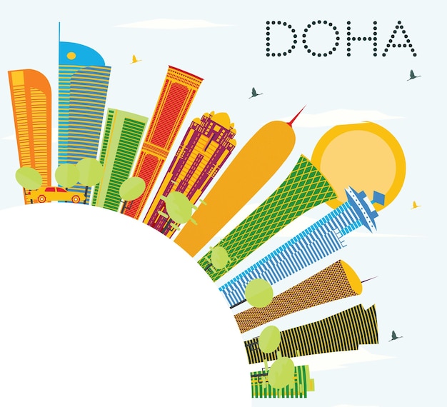 Horizon De Doha Avec Des Bâtiments De Couleur, Un Ciel Bleu Et Un Espace De Copie. Illustration Vectorielle. Concept De Voyage D'affaires Et De Tourisme. Image Pour La Bannière De Présentation Et Le Site Web.