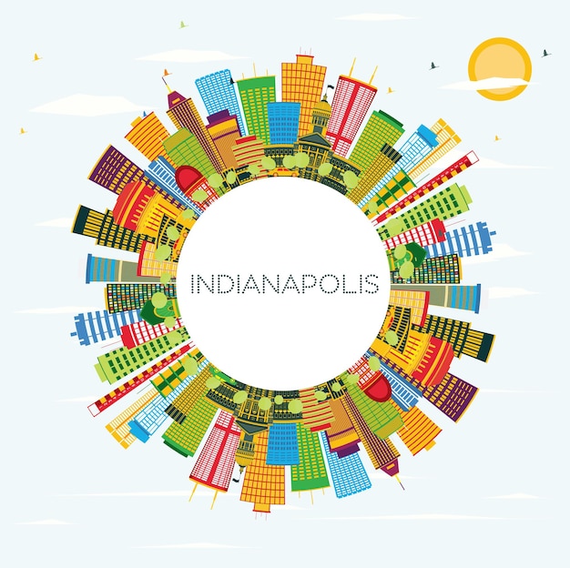 Horizon d'Indianapolis avec des bâtiments de couleur, un ciel bleu et un espace de copie. Illustration vectorielle. Concept de voyage d'affaires et de tourisme avec des bâtiments modernes.