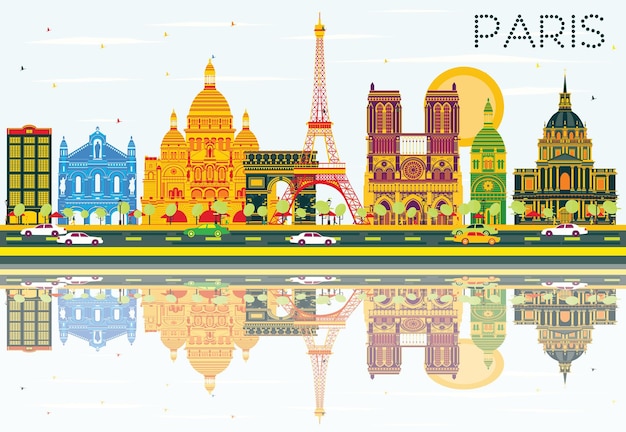 Horizon De Paris Avec Les Bâtiments De Couleur, Le Ciel Bleu Et Les Réflexions Illustration Vectorielle. Concept De Voyage D'affaires Et De Tourisme Avec Architecture Historique. Image Pour La Bannière De Présentation Et Le Site Web.