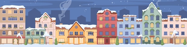 Vecteur horizon de paysage urbain d'hiver avec l'extérieur du bâtiment de la vieille ville temps de noël temps de neige pour les vacances de noël rue avec maisons vecteur de dessin animé plat dans un style plat