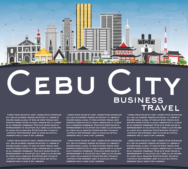 Horizon De La Ville De Cebu Aux Philippines Avec Des Bâtiments Gris, Un Ciel Bleu Et Un Espace De Copie. Illustration Vectorielle. Voyage D'affaires Et Tourisme Illustration Avec L'architecture Moderne.