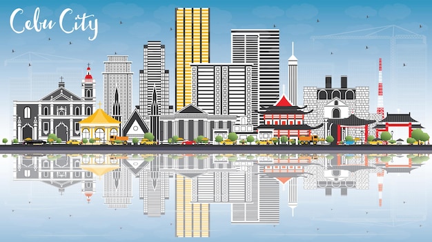 Horizon De La Ville De Cebu Aux Philippines Avec Des Bâtiments Gris, Un Ciel Bleu Et Des Reflets. Illustration Vectorielle. Voyage D'affaires Et Tourisme Illustration Avec L'architecture Moderne.