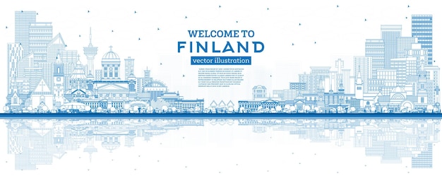 Vecteur l'horizon de la ville de finlande avec des bâtiments bleus et des reflets concept avec une architecture historique et moderne pays de finlande paysage urbain avec des monuments helsinki espoo vantaa oulu