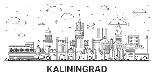 Vecteur l'horizon de la ville de kaliningrad, en russie, avec des bâtiments modernes et historiques isolés sur le paysage urbain blanc de kalingrad avec des monuments