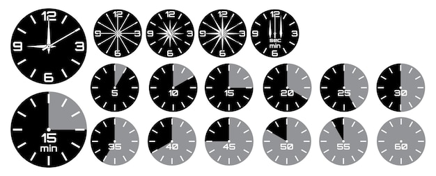 Vecteur horloge analogique à réglage vectoriel avec flèches chronomètre avec crochets