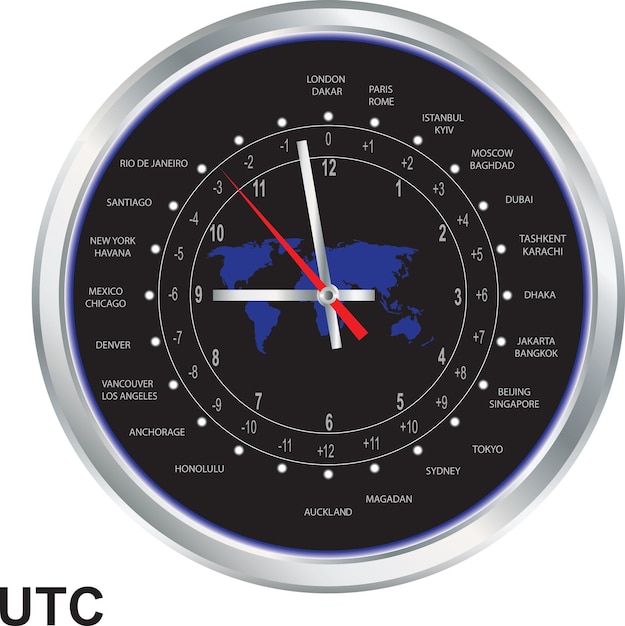 Vecteur horloge argentée avec fuseaux horaires