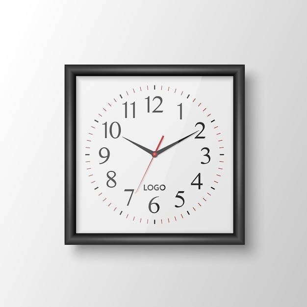 Vecteur horloge de bureau murale carrée réaliste 3d vectorielle avec modèle de conception de cadre noir isolé sur cadran blanc avec chiffres romains maquette d'horloge murale pour la marque et la publicité conception de cadran d'horloge isolé