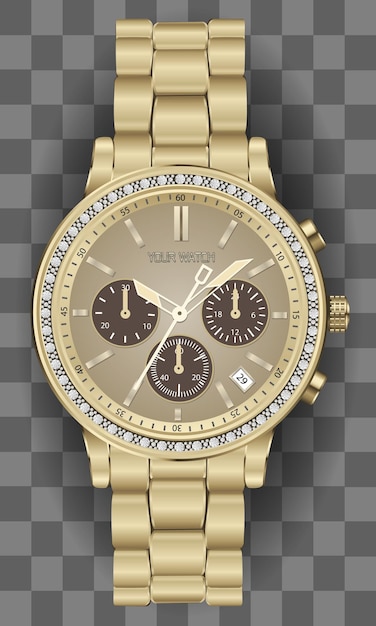 Horloge chronographe réaliste pour hommes diamant doré sur fond à carreaux vecteur de luxe