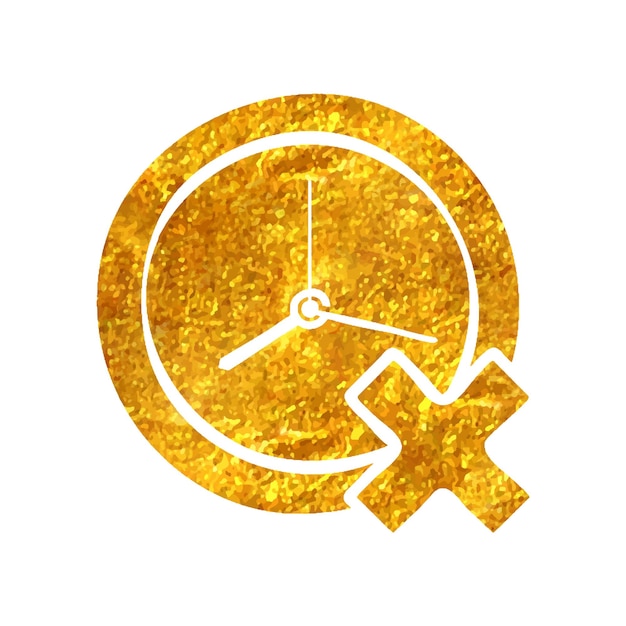 Vecteur horloge dessinée à la main avec icône de signe de croix dans l'illustration vectorielle de texture de feuille d'or