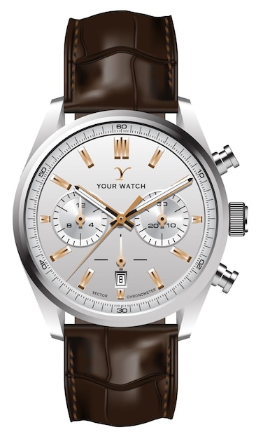Horloge de montre réaliste bracelet en cuir doré argenté marron sur blanc design luxe classique