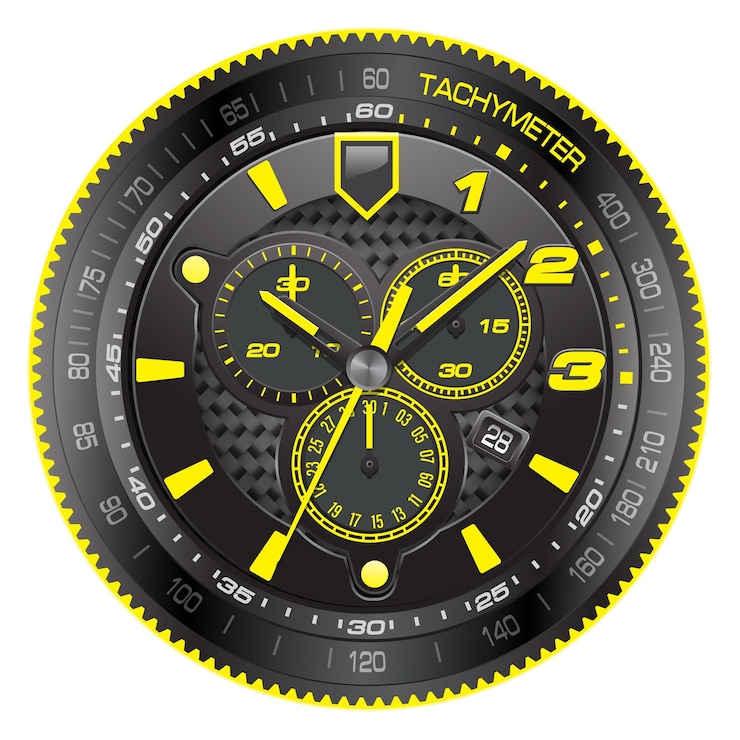 Vecteur horloge réaliste chronographe tableau de bord en acier caoutchouc noir dans le sens des aiguilles d'une montre flèche jaune vecteur de nombre