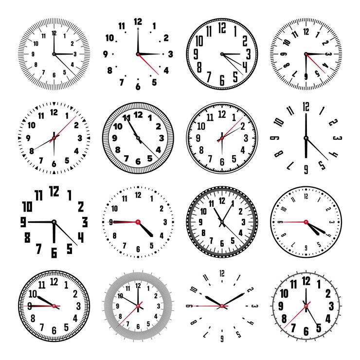 Vecteur horloges mécaniques avec aiguilles cadran de montre à lunette avec des minutes, des heures et des chiffres en arabe