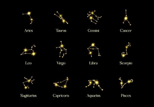 Horoscope Constellations Du Signe Du Zodiaque à Partir D'une Texture Dorée Sur Fond Noir