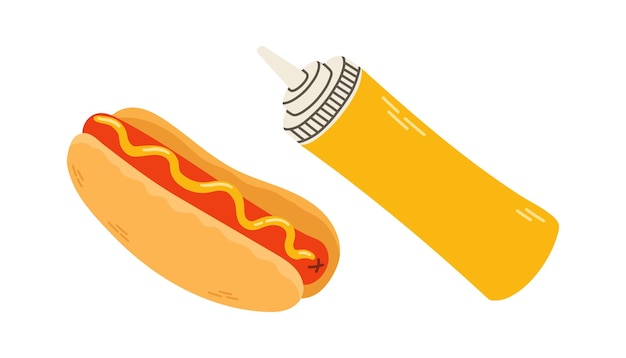 Hot-dog Et Bouteille De Moutarde Vector Illustration Plat Isolé Restauration Rapide Pour Les Menus D'affiches