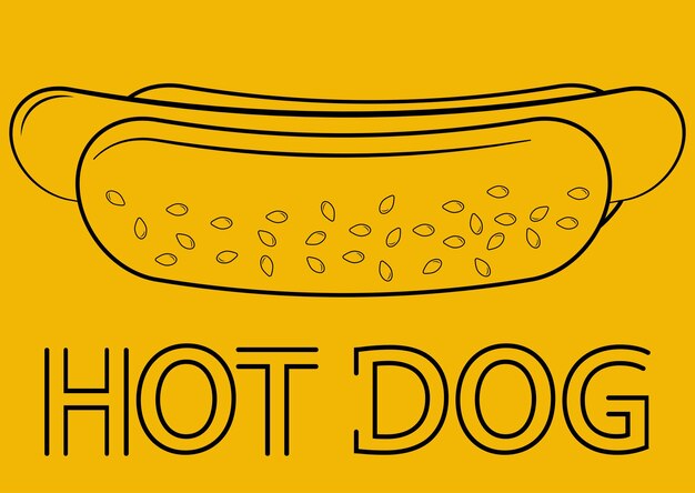 Vecteur hot-dog. hot-dog dans le style de contour, isolé sur fond jaune. restauration rapide pour affiche, menus, brochure, panneaux d'affichage, vitrines, restauration rapide web et icône. vecteur