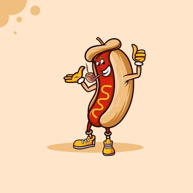 Vecteur hot-dog mignon souriant et fumant la pipe avec le modèle de conception de logo de mascotte pouce en l'air