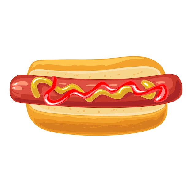 Vecteur hot-dog à la moutarde et au ketchup. vue de dessus. illustration plate de couleur vectorielle pour affiche, menus, brochure, web. icône isolé sur fond blanc.