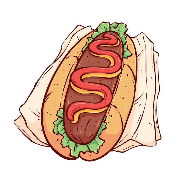 Vecteur hot-dog de restauration rapide à la moutarde sur papier blanc. hot-dog américain savoureux avec un style de dessin à la main coloré