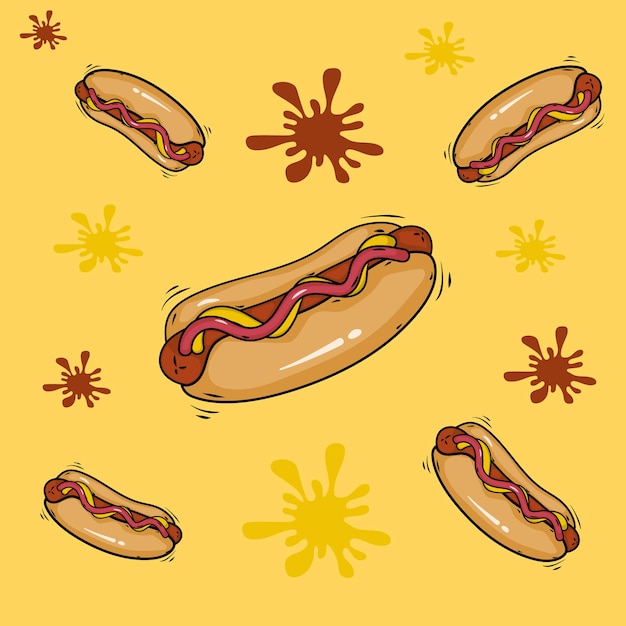 Vecteur hot-dog avec une saucisse dans un petit pain autour d'une tache de ketchup et d'illustration vectorielle de moutarde