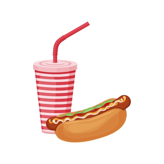 Hot-dogshot-dog De Restauration Rapide Et Boisson Gazeuse Hot-dog Avec Un Verre Avec Une Paille Illustration Vectorielle Isolée Sur Fond Blanc