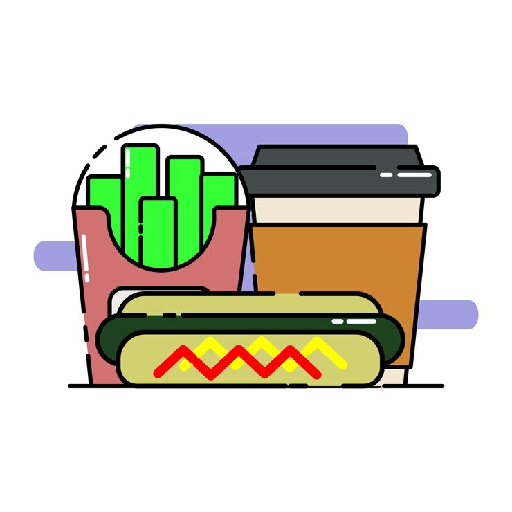 Vecteur hotdog frites et café menu de restauration rapide icône de style dessin animé design d'autocollant d'illustration mignon