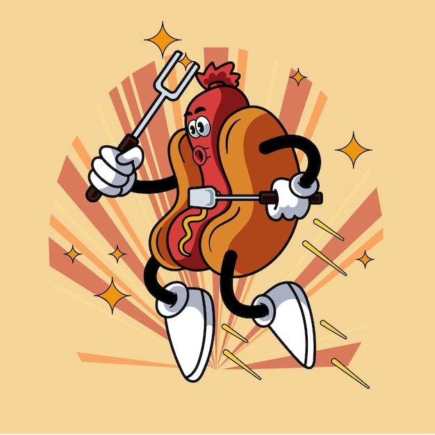 Hotdog Jump Mascot Illustration de personnage Vintage