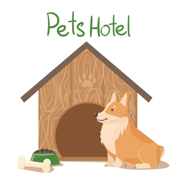 Vecteur hôtel pour animal de compagnie. corgi mignon à côté de la maison et de la nourriture