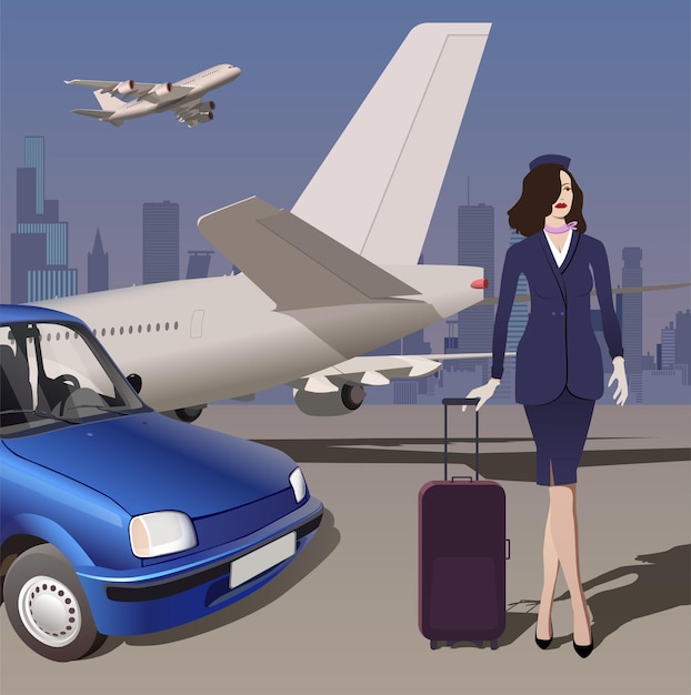 Hôtesse de l'air près de la voiture sur le fond de l'avion à l'aéroport