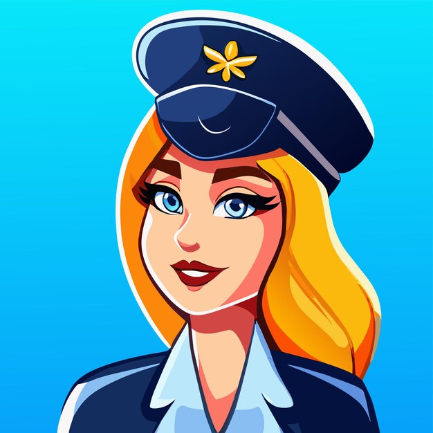 Vecteur des hôtesses de l'air, des stewardesses de cabine, des policières, une icône d'autocollant de dessin animé à la main.