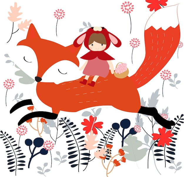 Vecteur hotte rouge sur le renard dans le jardin de printemps