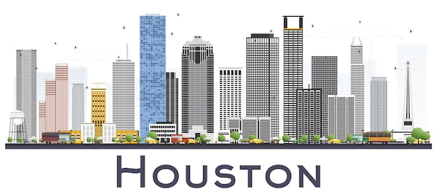 Houston Skyline Usa City Avec Des Bâtiments De Couleur Isolé Sur Fond Blanc. Illustration Vectorielle. Concept D'affaires Et De Tourisme Avec Architecture Historique. Paysage Urbain De Houston Au Texas Avec Des Points De Repère.