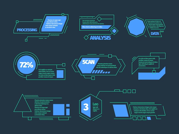 Hud Appels. La Technologie Future Encadre Les Boîtes De Barres Technologiques Vector Collection De Légendes Numériques. Infographie Futuriste, Illustration D'hologramme De Technologie Numérique