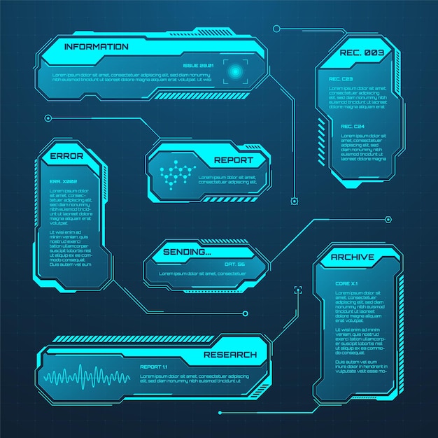 HUD futuriste bleu ou éléments ui interface utilisateur scifi boîtes de texte appels cadres de message d'avertissement