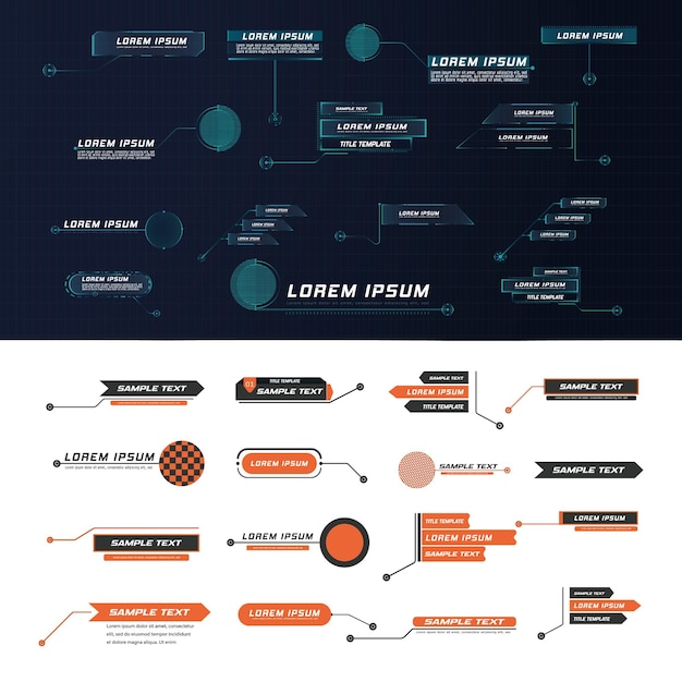 HUD de légende de leader de style futuriste. Modèles numériques modernes applicables à la mise en page du cadre. Appels d'information et flèches. L'interface des éléments de l'ensemble graphique.