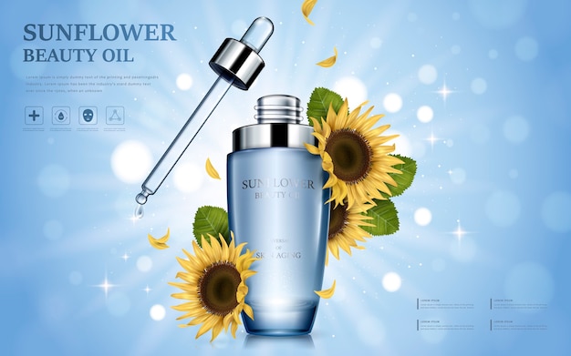 Huile De Beauté De Tournesol Contaed Bouteille Brillante Avec Des éléments De Fleurs, Fond De Bokeh Scintillant